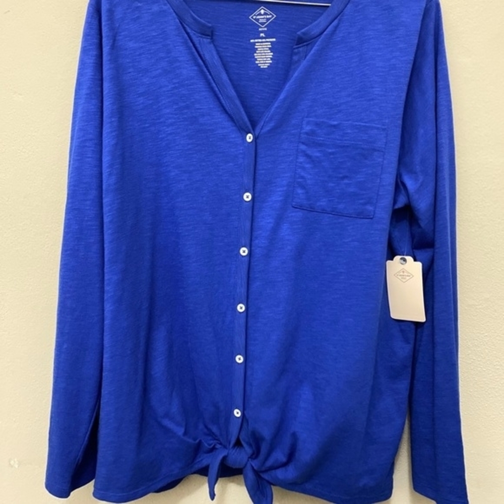 St Johns Bay Women's Blue Button-Front Tie-Hem Top